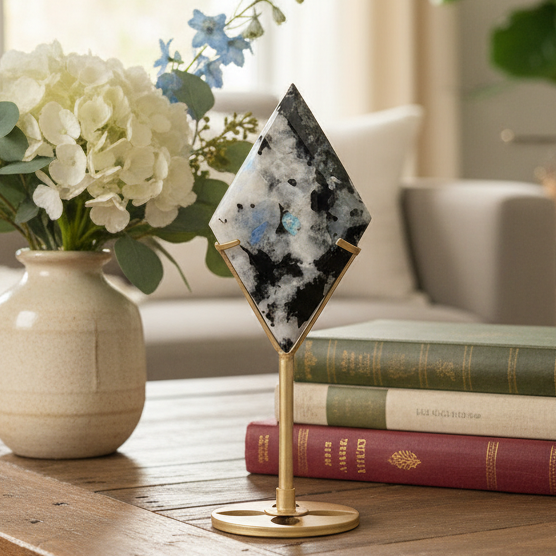 Rainbow Moonstone with Black Tourmaline Rhombus Display with Stand Healing Crystal Carving