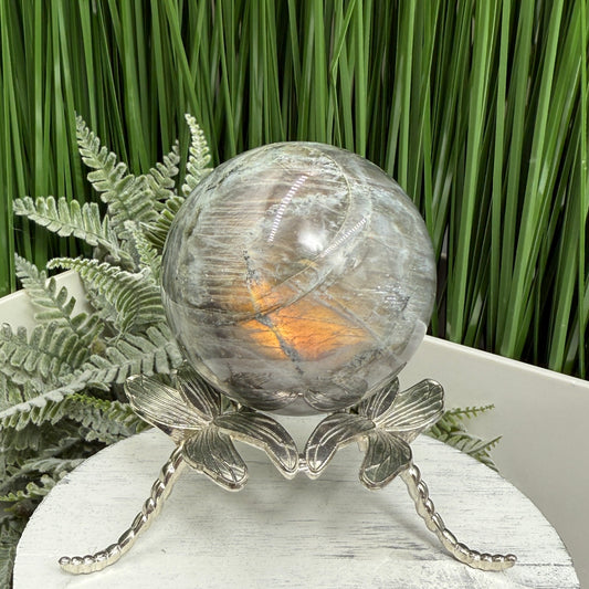 Labradorite Sunset Yellow Sphere Healing Crystal Ball Flashy Gemstone 328g 61mm