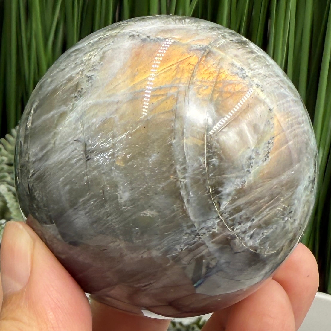 Labradorite Sunset Yellow Sphere Healing Crystal Ball Flashy Gemstone 328g 61mm