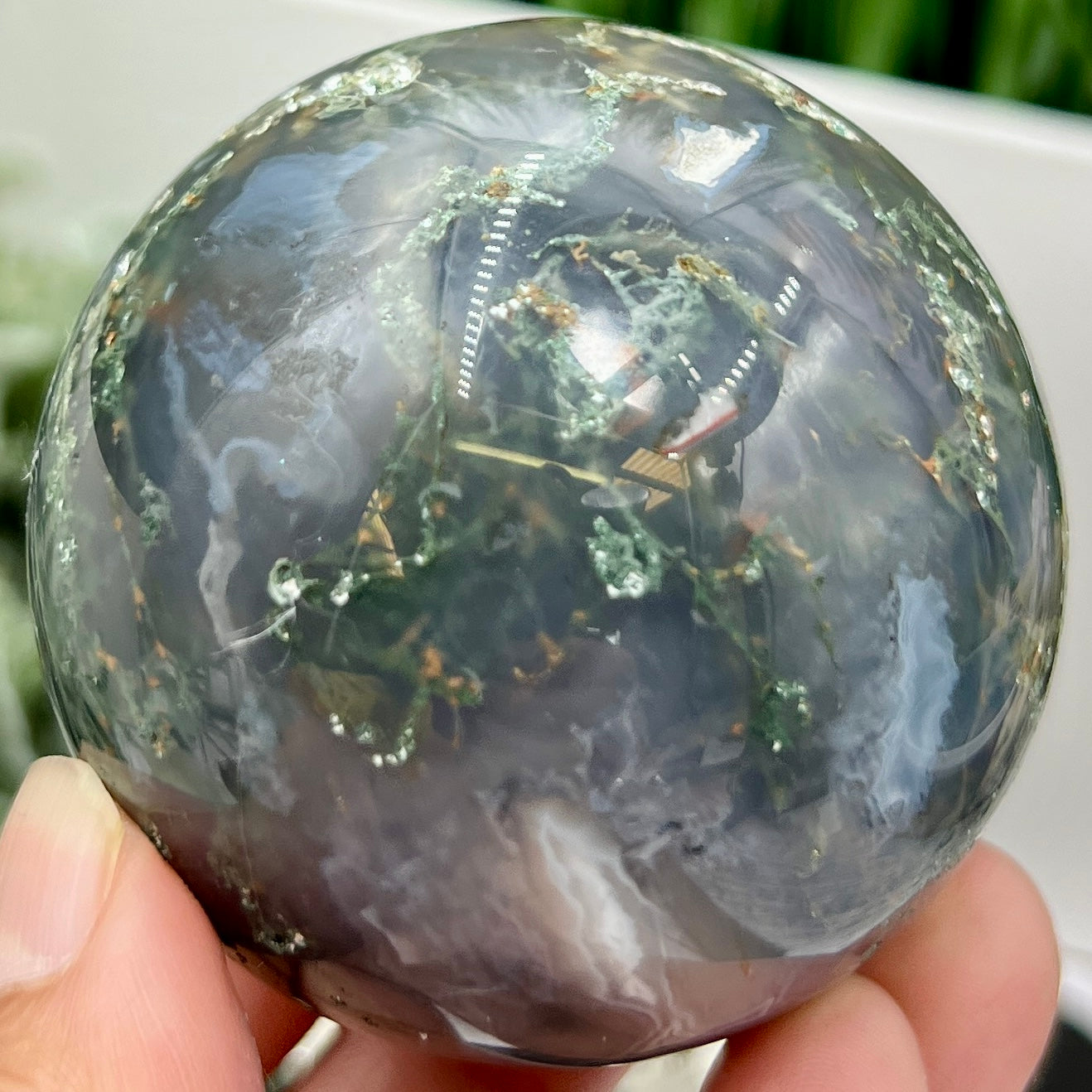 Blue Green Moss Agate with Selenite Sphere High Quality Crystal Ball 298g 61mm