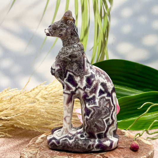 Chevron Dream Amethyst Egyptian Cat Healing Crystal Ancient Animal Carving 480g