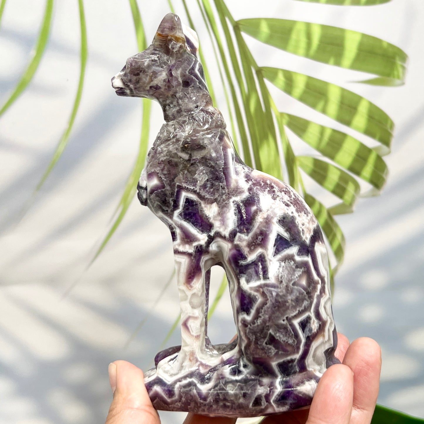 Chevron Dream Amethyst Egyptian Cat Healing Crystal Ancient Animal Carving 480g