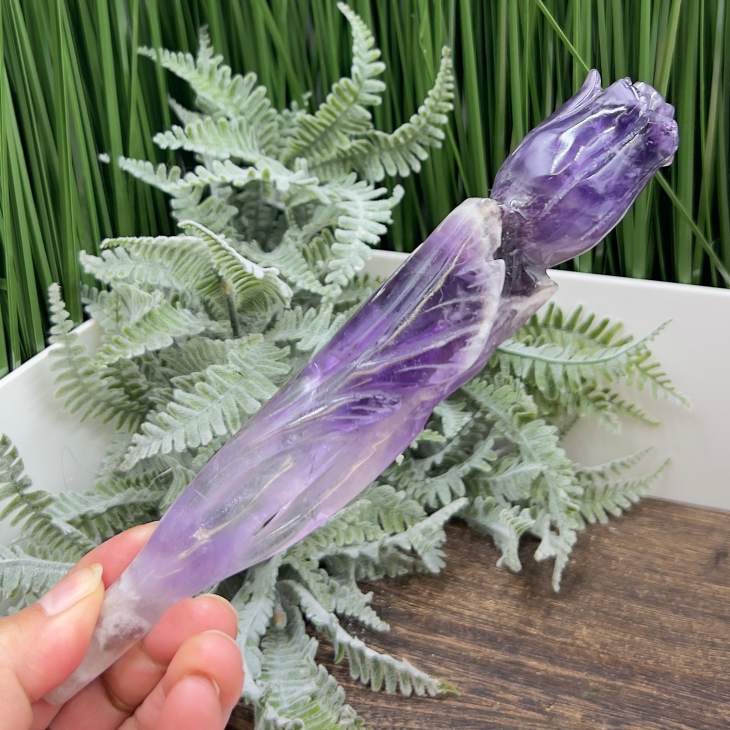 Chevron Dream Amethyst Rose Flower Crystal Carving 190g 201mm