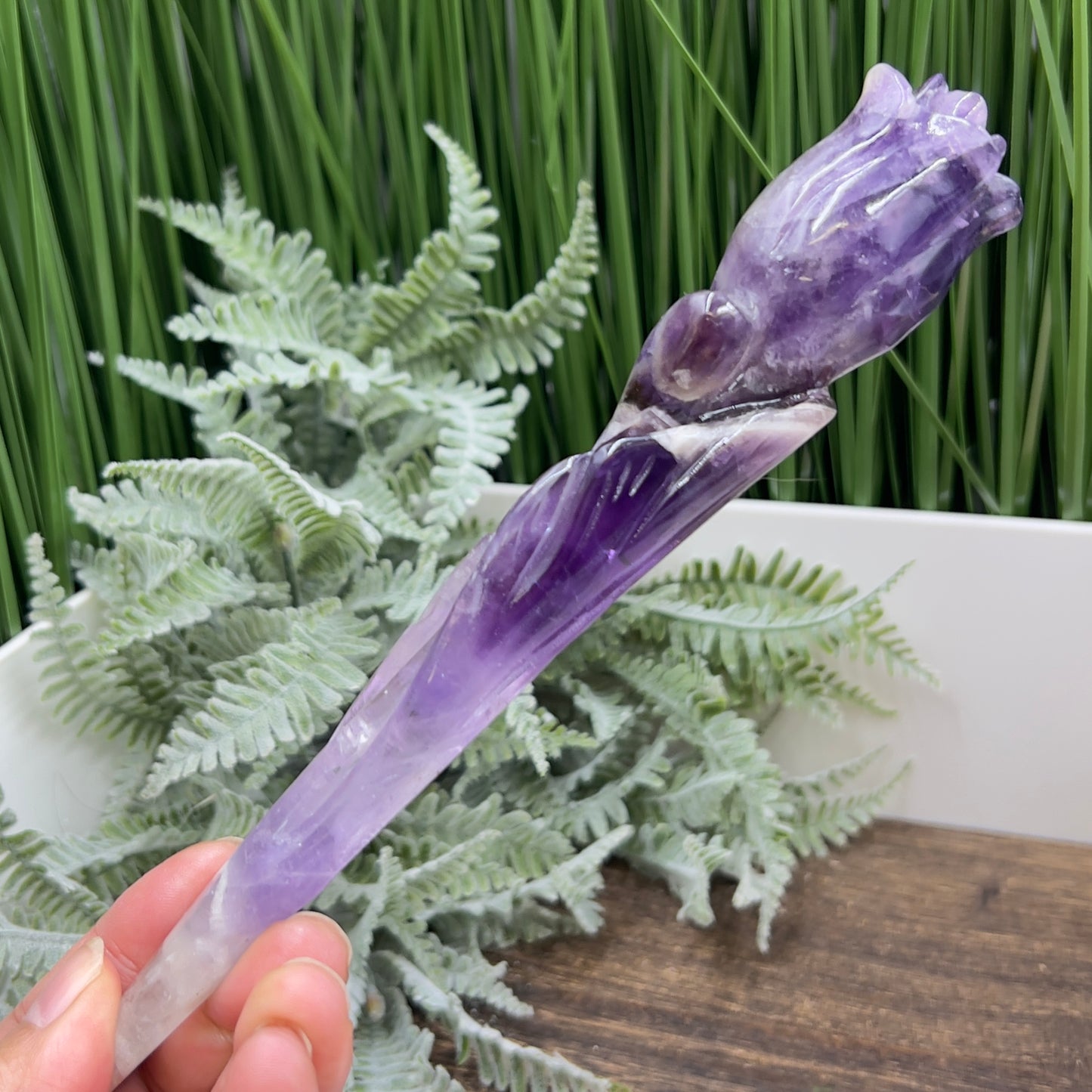 Chevron Dream Amethyst Rose Flower Crystal Carving 190g 201mm