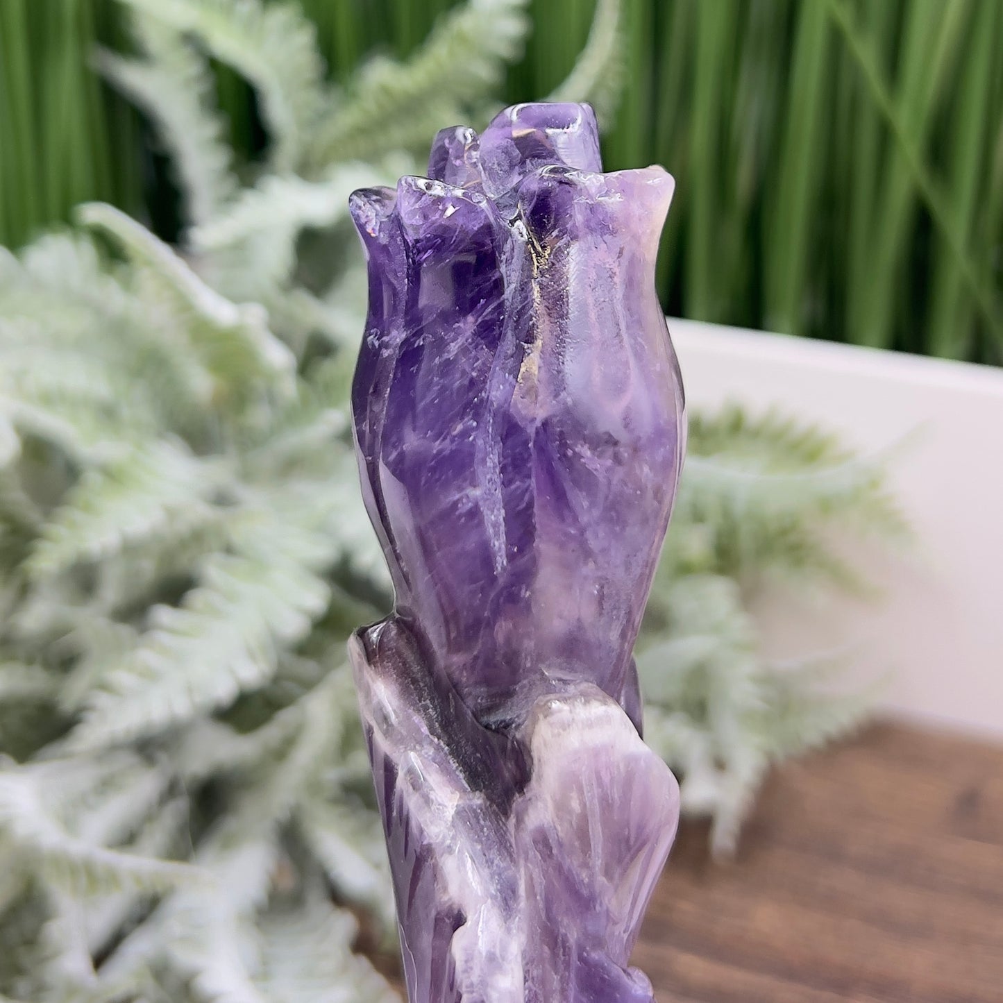 Chevron Dream Amethyst Rose Flower Crystal Carving 190g 201mm