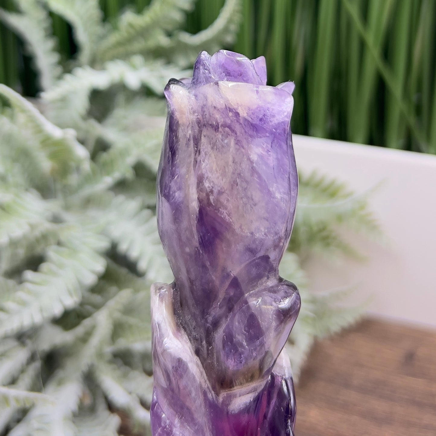 Chevron Dream Amethyst Rose Flower Crystal Carving 190g 201mm
