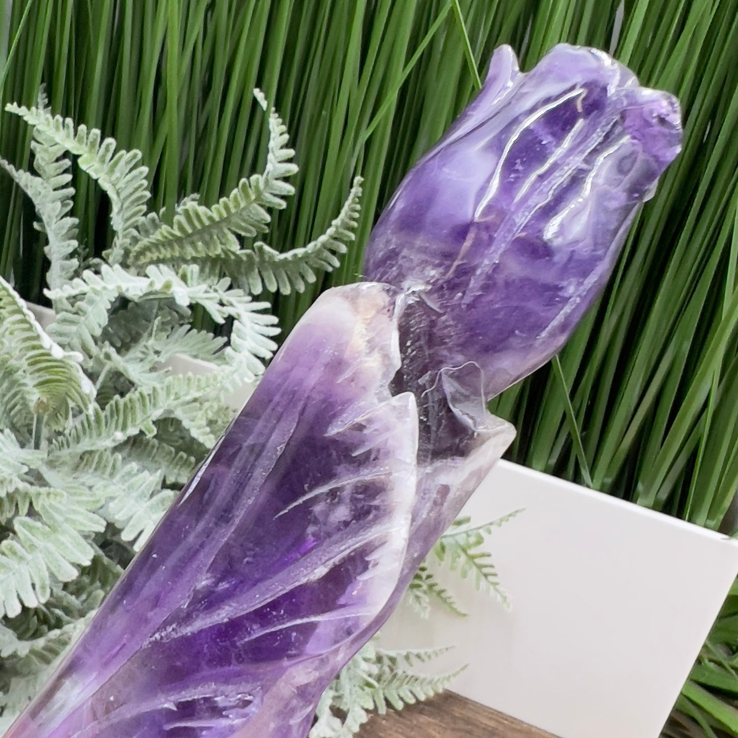 Chevron Dream Amethyst Rose Flower Crystal Carving 190g 201mm