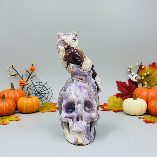 Chevron Dream Amethyst Owl on Skull Hollow Jaw  Crystal Carving 700g