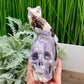 Chevron Dream Amethyst Owl on Skull Hollow Jaw  Crystal Carving 700g