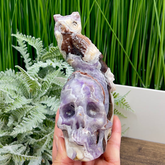 Chevron Dream Amethyst Owl on Skull Hollow Jaw  Crystal Carving 700g