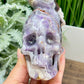 Chevron Dream Amethyst Owl on Skull Hollow Jaw  Crystal Carving 700g