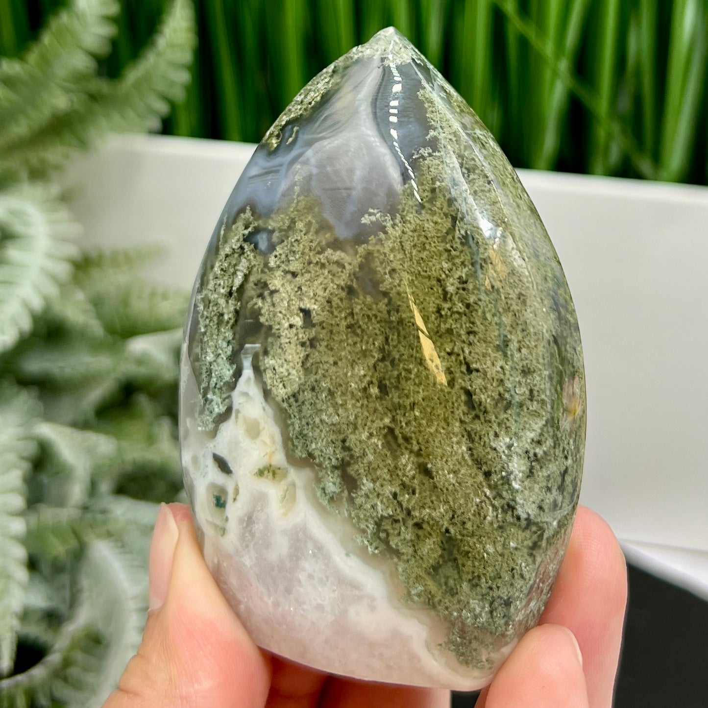 Moss Agate Quartz Druzy Flame High Quality Crystal 176g 82mm