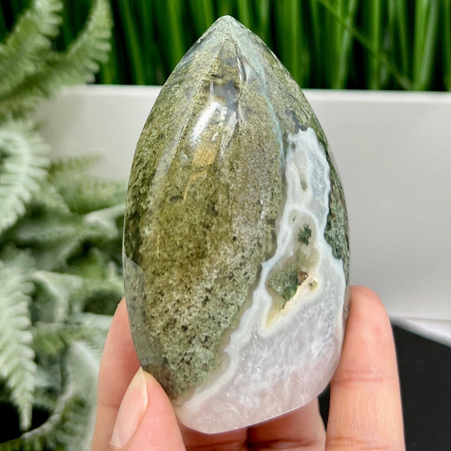 Moss Agate Quartz Druzy Flame High Quality Crystal 176g 82mm