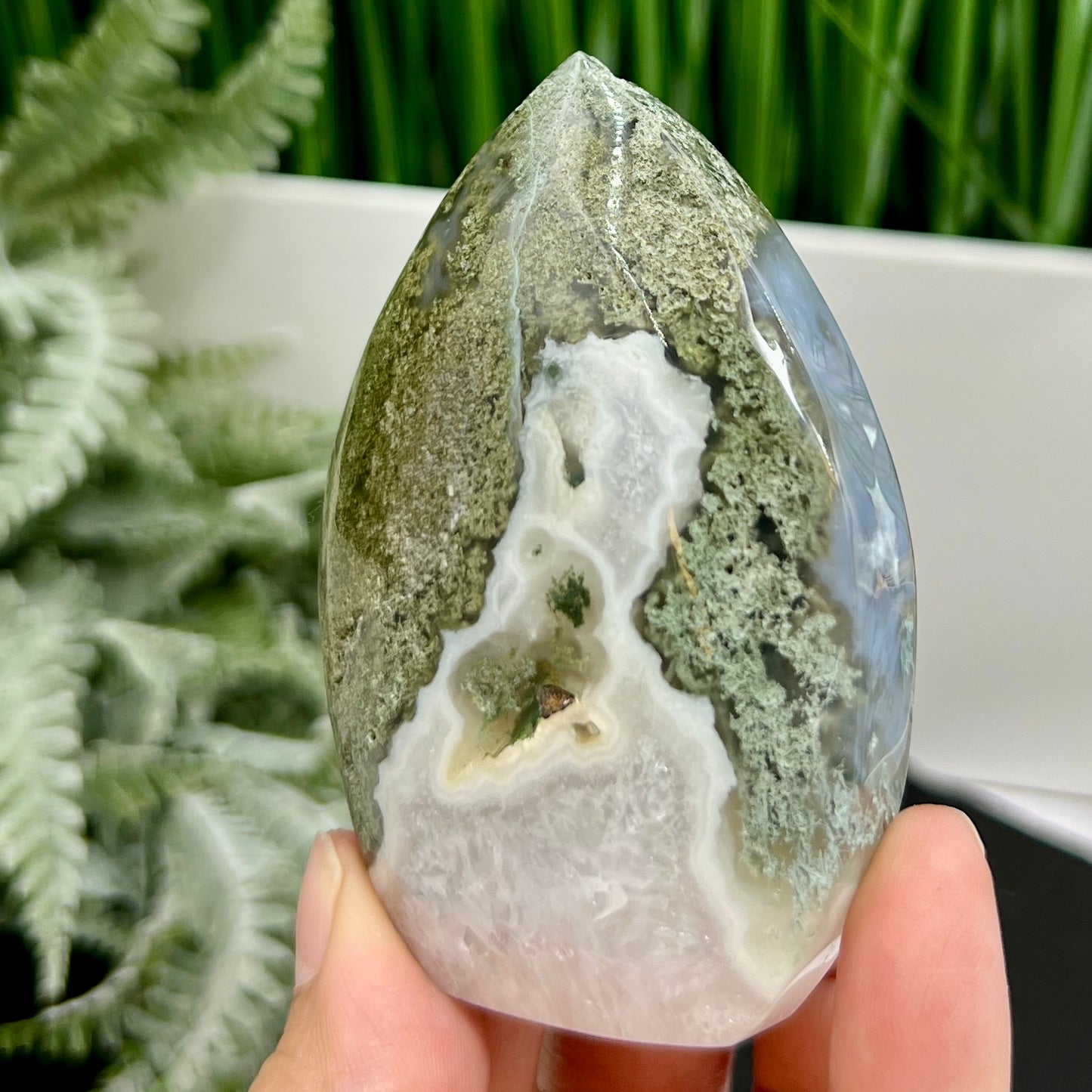 Moss Agate Quartz Druzy Flame High Quality Crystal 176g 82mm