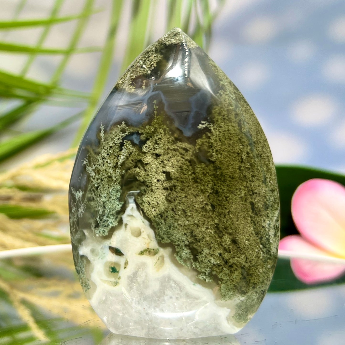 Moss Agate Quartz Druzy Flame High Quality Crystal 176g 82mm