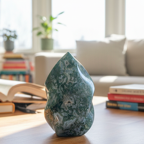 Moss Agate Druzy Flame Crystal Carving 920g