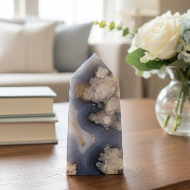Blue Flower Agate Tower Point Healing Crystal Generator 131g