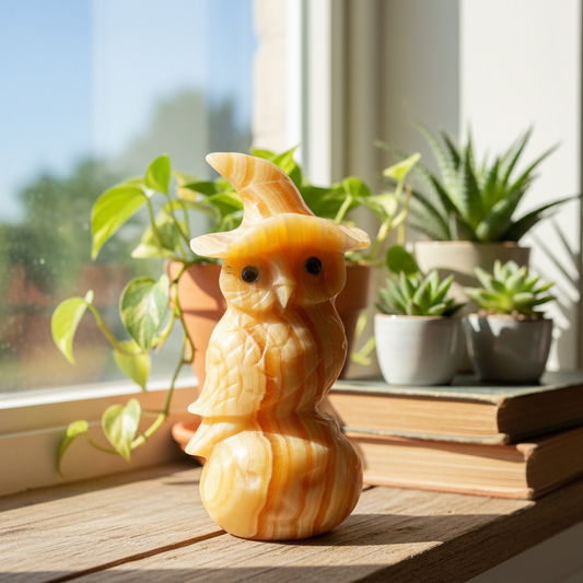 Orange Calcite Large Witchy Owl on Pumpkin Halloween Labradorite Eyes 1456g