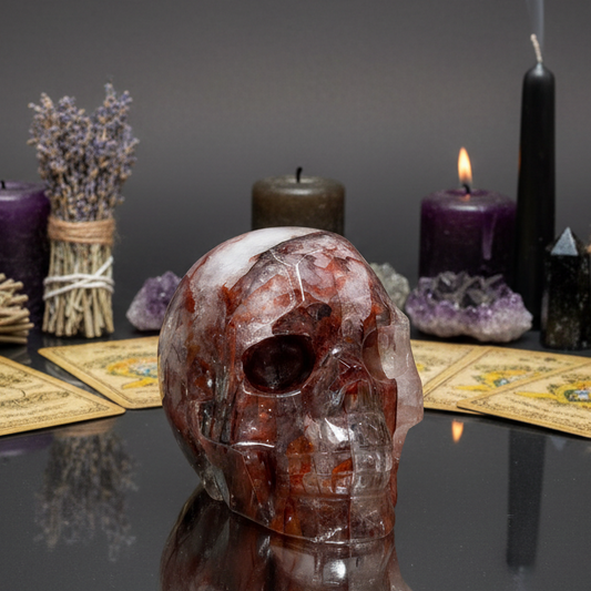 Hematoid Fire Quartz Skull Healing Crystal Carving 922g