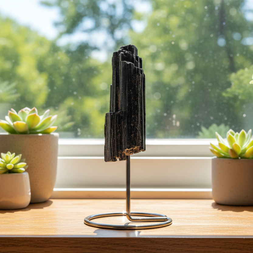 Black Tourmaline Schorl Hay Stack Raw Specimen with Stand Crystal 174g