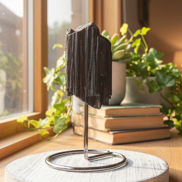 Black Tourmaline Schorl Hay Stack Raw Specimen with Stand Crystal 206g