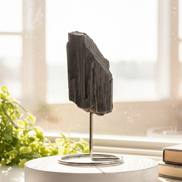 Black Tourmaline Schorl Hay Stack Raw Specimen with Stand Crystal 374g