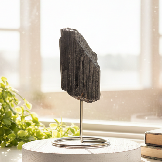 Black Tourmaline Schorl Hay Stack Raw Specimen with Stand Crystal 374g