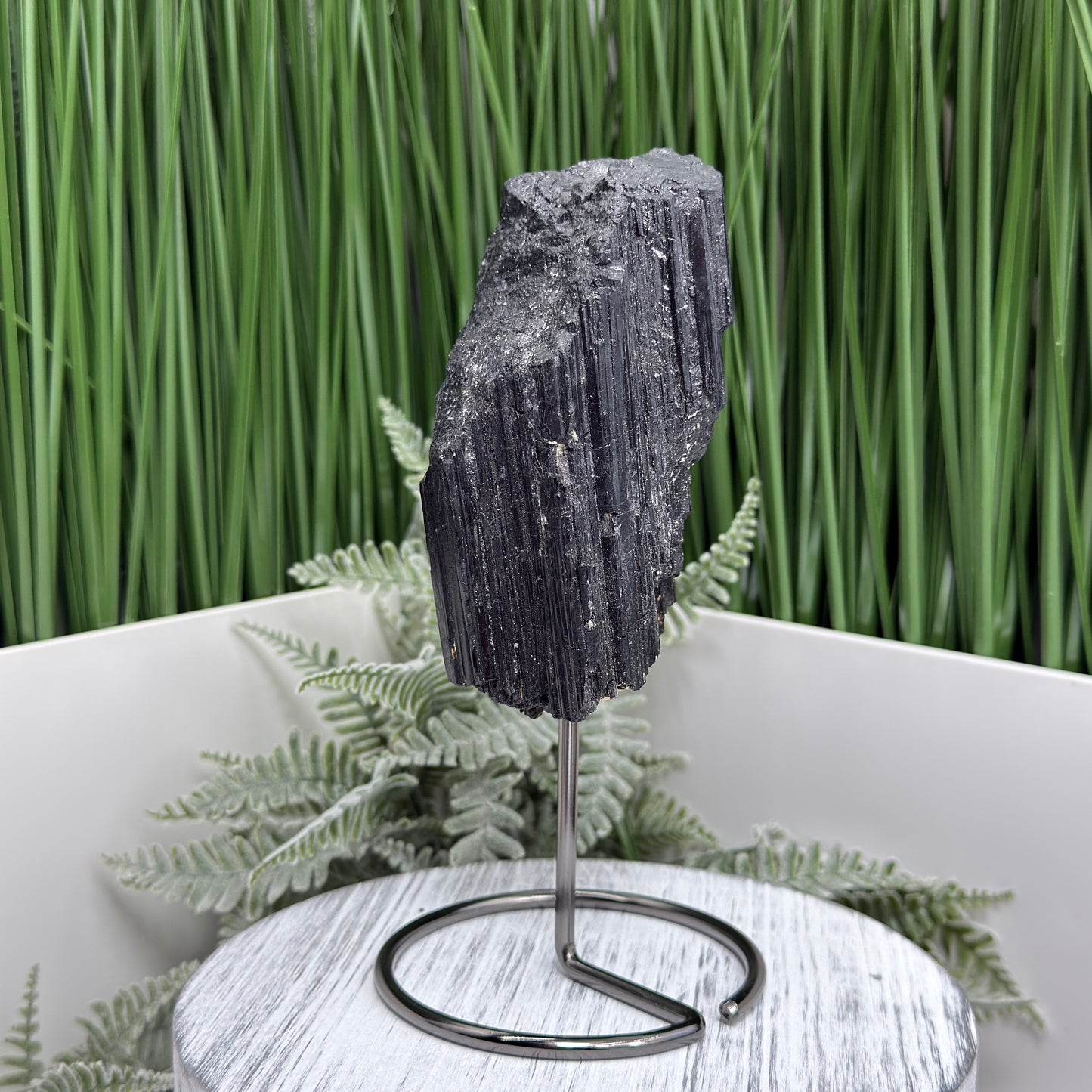 Black Tourmaline Schorl Hay Stack Raw Specimen with Stand Crystal 374g