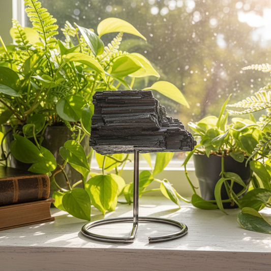 Black Tourmaline Schorl Hay Stack Raw Specimen with Stand Crystal 218g