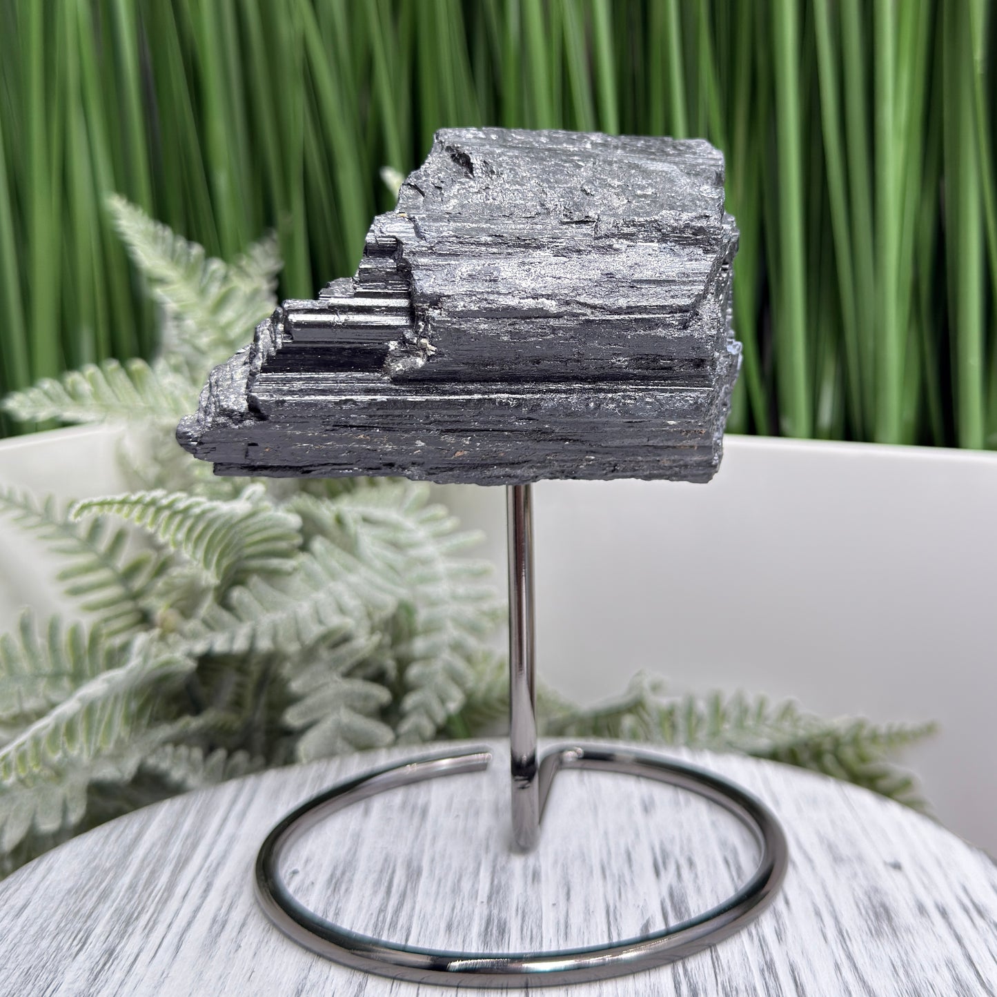 Black Tourmaline Schorl Hay Stack Raw Specimen with Stand Crystal 218g