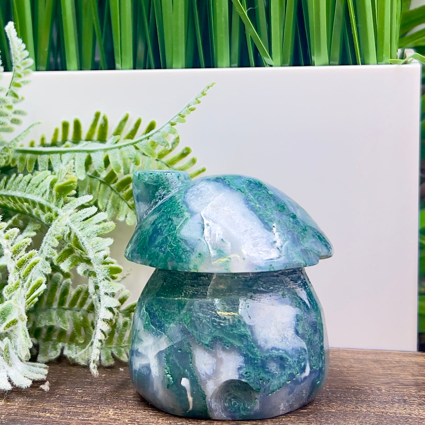 Moss Agate Mushroom House Healing Crystal Carving 322g