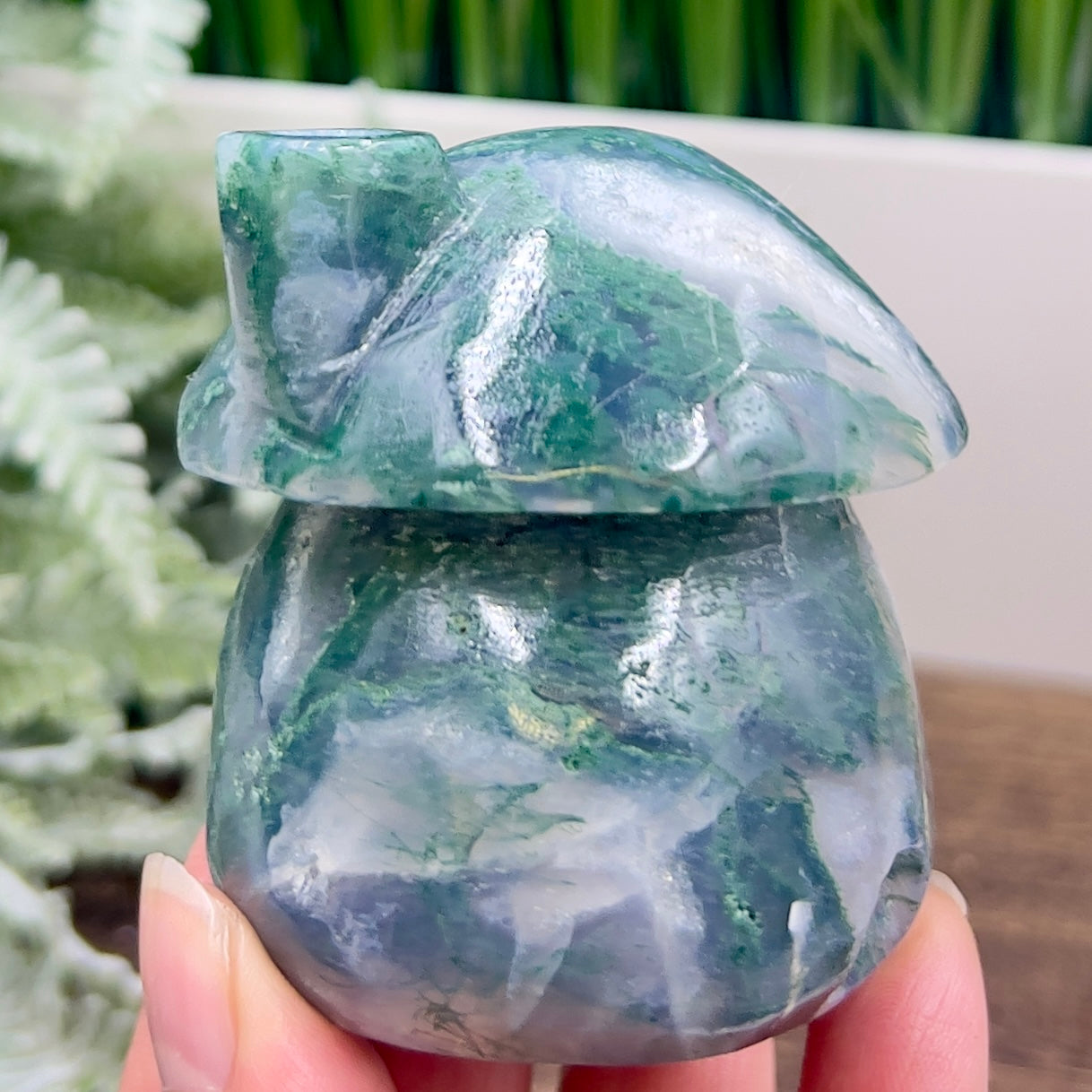 Moss Agate Mushroom House Healing Crystal Carving 322g