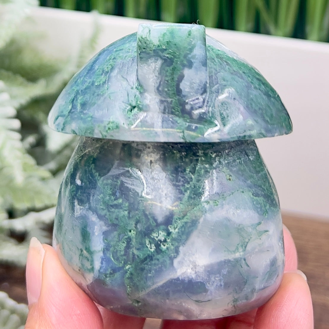 Moss Agate Mushroom House Healing Crystal Carving 322g