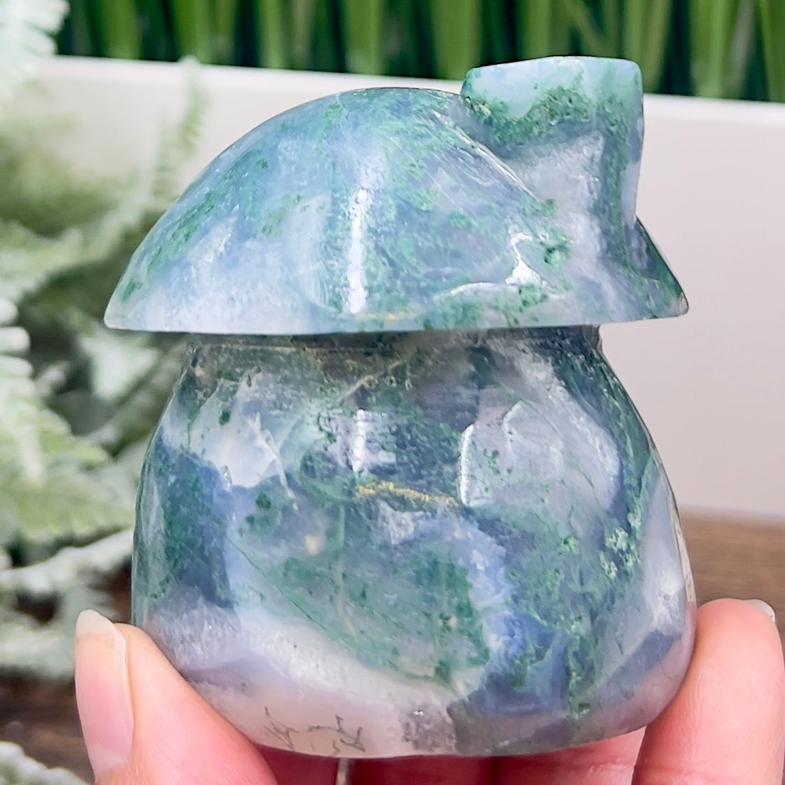 Moss Agate Mushroom House Healing Crystal Carving 322g