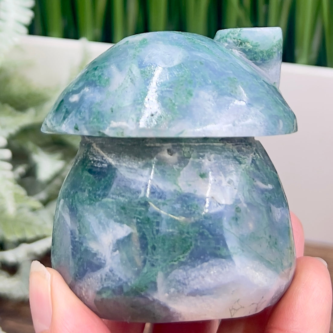 Moss Agate Mushroom House Healing Crystal Carving 322g