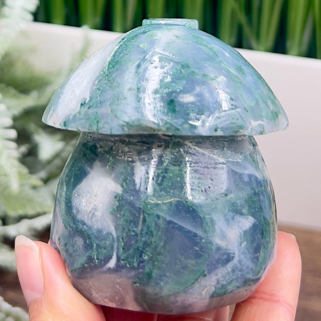 Moss Agate Mushroom House Healing Crystal Carving 322g