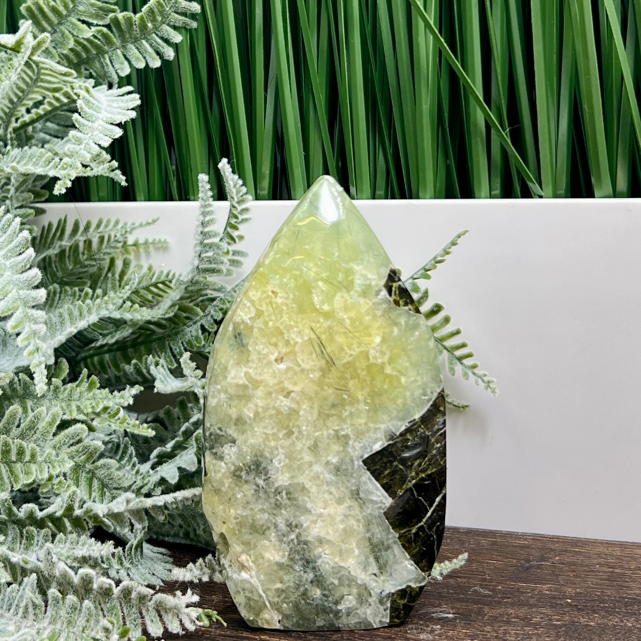 Prehnite with Epidote Flame Free Form Crystal Carving 274g