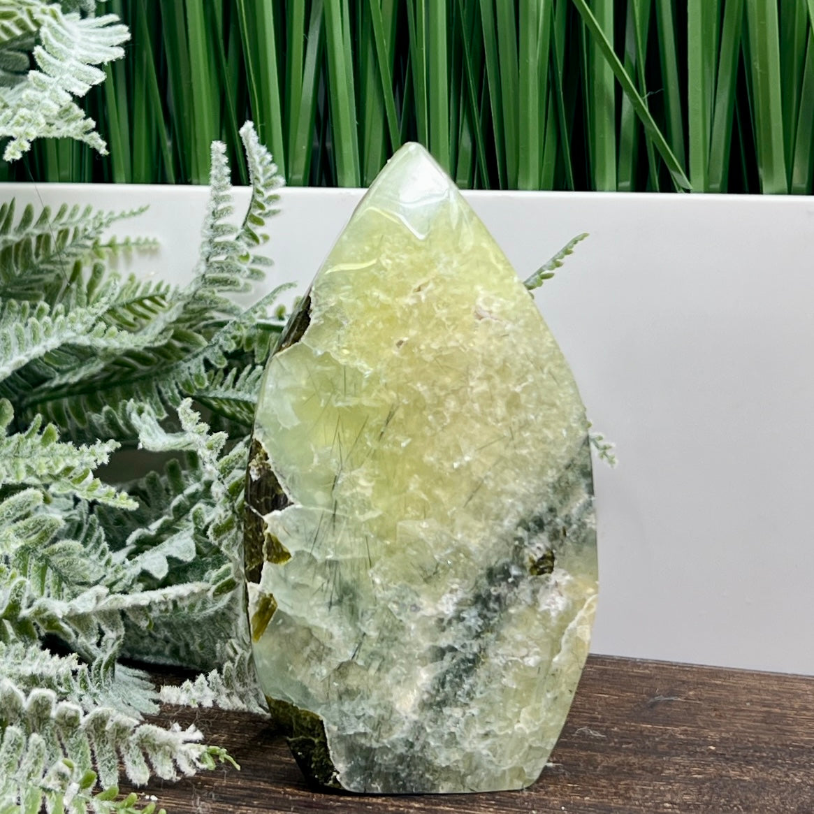 Prehnite with Epidote Flame Free Form Crystal Carving 274g