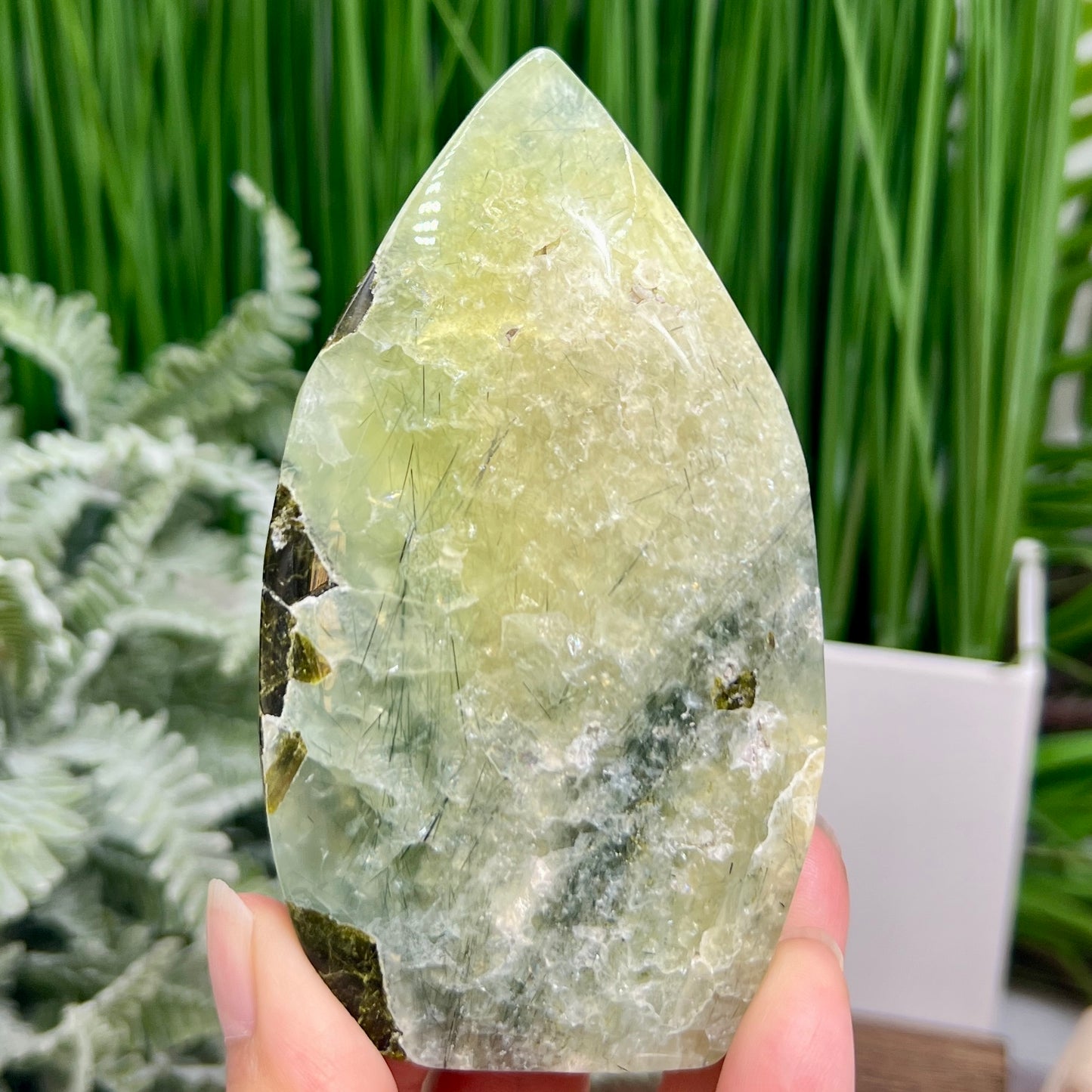 Prehnite with Epidote Flame Free Form Crystal Carving 274g