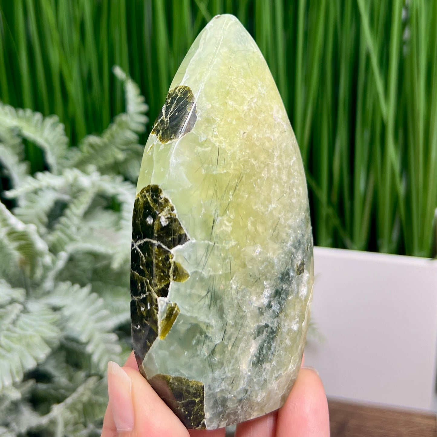 Prehnite with Epidote Flame Free Form Crystal Carving 274g