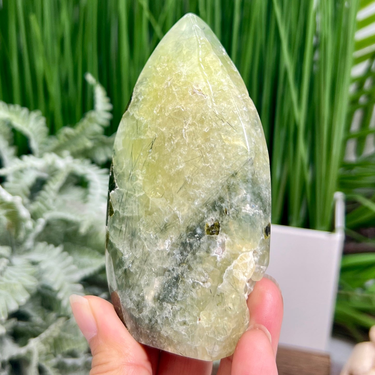 Prehnite with Epidote Flame Free Form Crystal Carving 274g