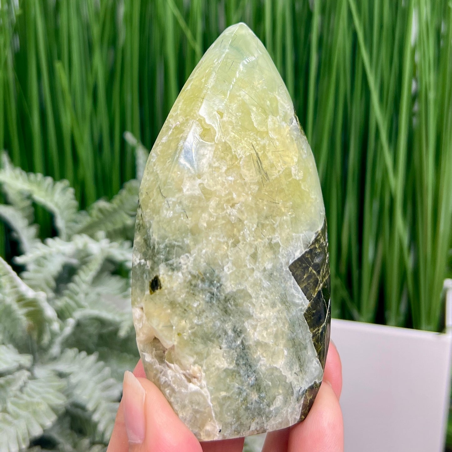 Prehnite with Epidote Flame Free Form Crystal Carving 274g