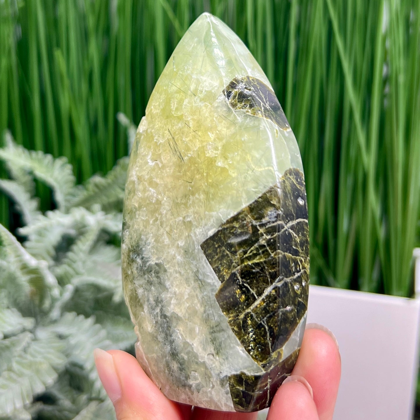 Prehnite with Epidote Flame Free Form Crystal Carving 274g