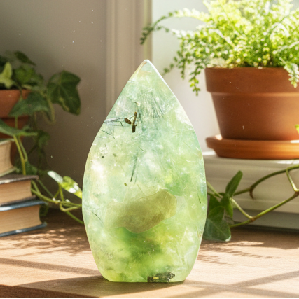 Prehnite with Epidote Flame Free Form Crystal Carving 210g