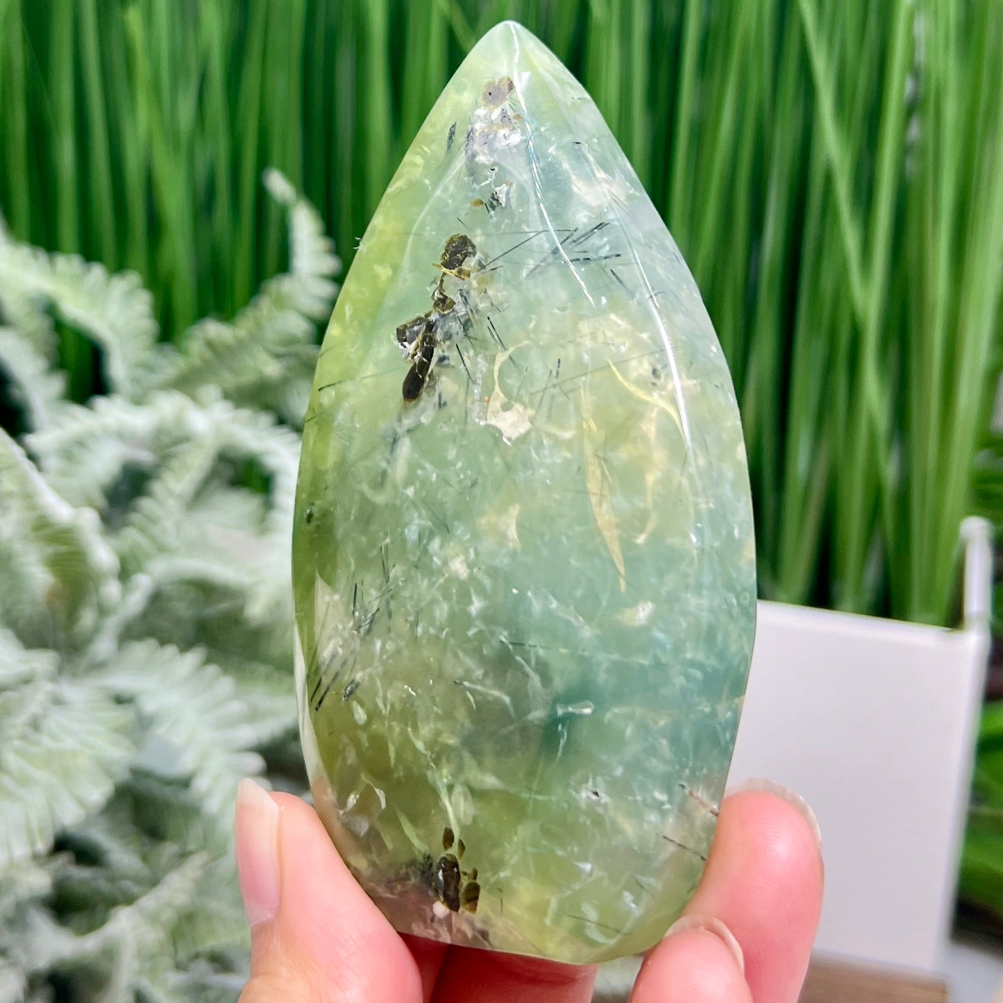 Prehnite with Epidote Flame Free Form Crystal Carving 210g