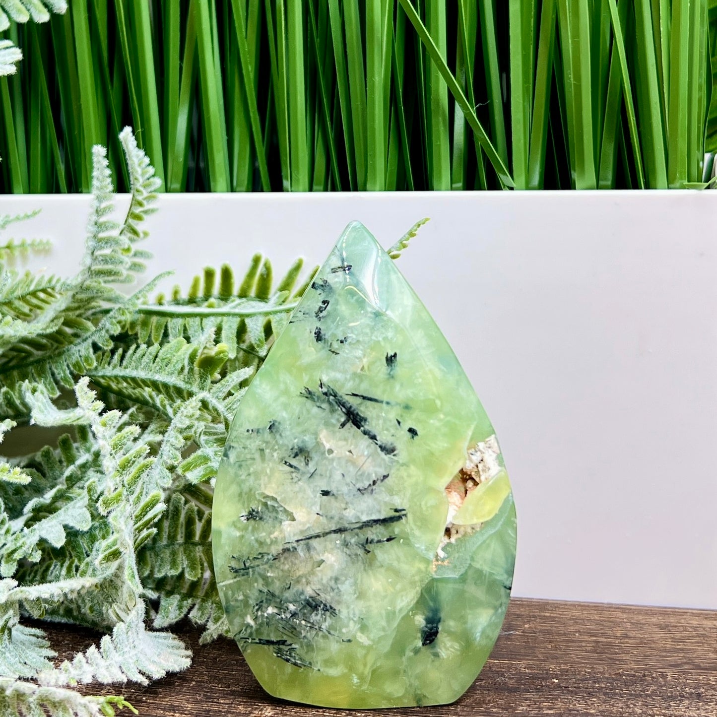 Prehnite with Epidote Flame Free Form Crystal Carving 204g