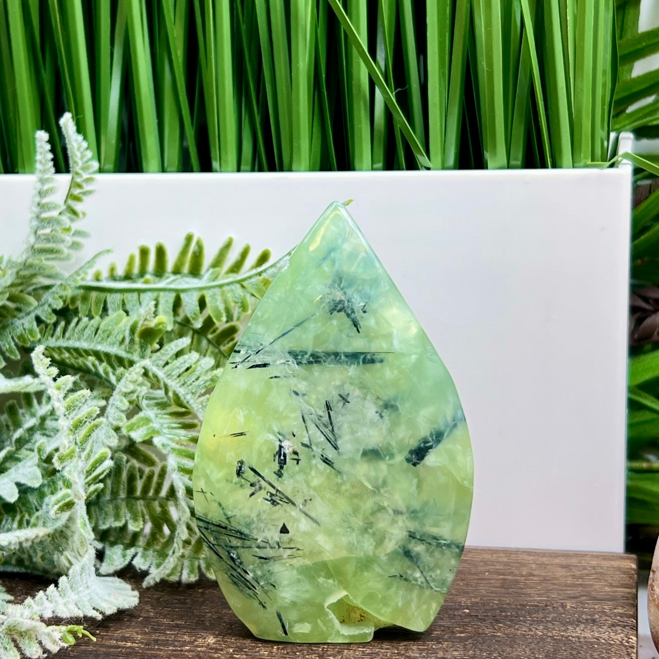 Prehnite with Epidote Flame Free Form Crystal Carving 204g
