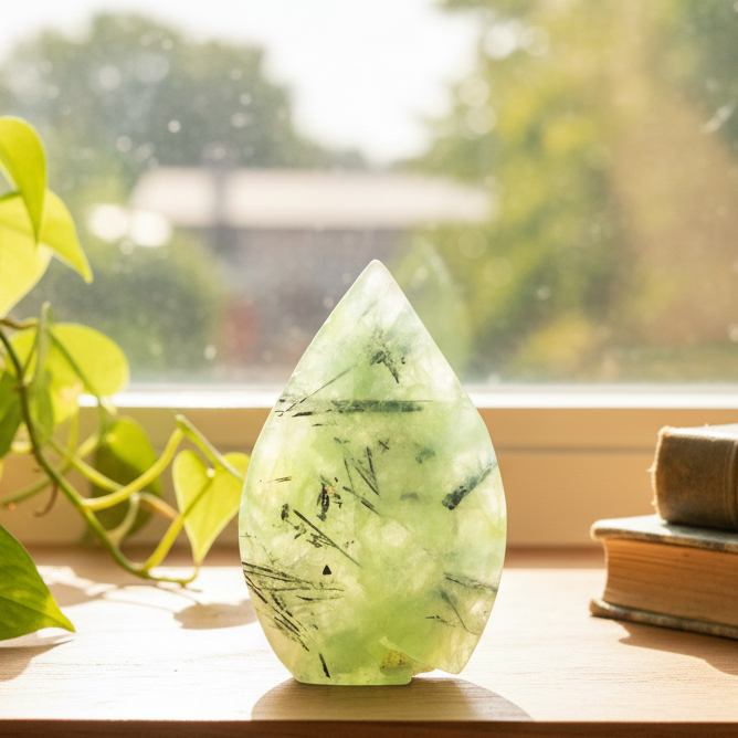 Prehnite with Epidote Flame Free Form Crystal Carving 204g