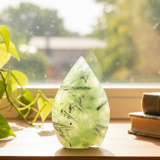 Prehnite with Epidote Flame Free Form Crystal Carving 204g
