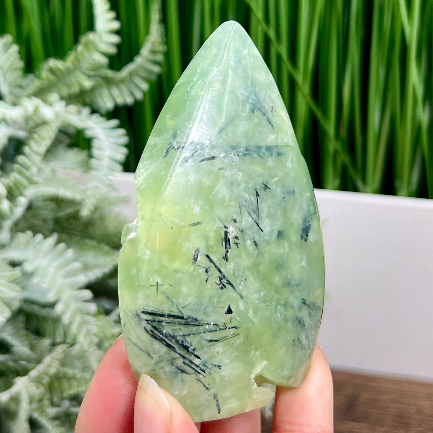 Prehnite with Epidote Flame Free Form Crystal Carving 204g